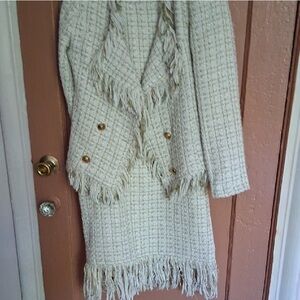 Chic Cream Tweed Dress Set with Fringe